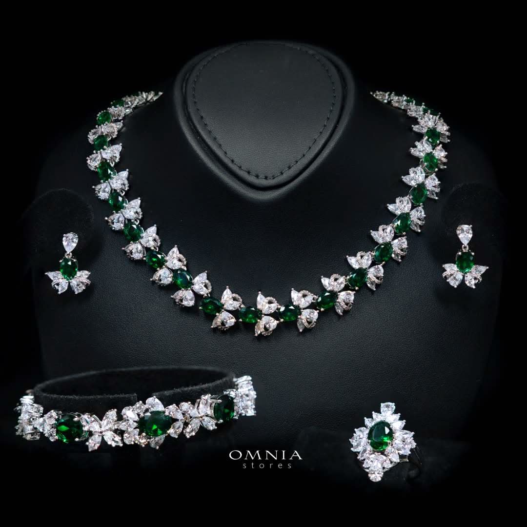 Omnia Muna Green Bridal Full Set in High Quality Simulated Diamonds Premium Rhodium Plated