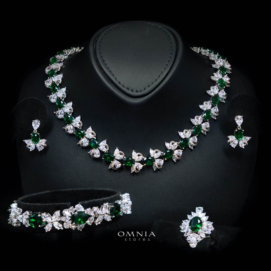 Omnia Muna Green Bridal Full Set in High Quality Simulated Diamonds Premium Rhodium Plated - OMNIASTORES UAE