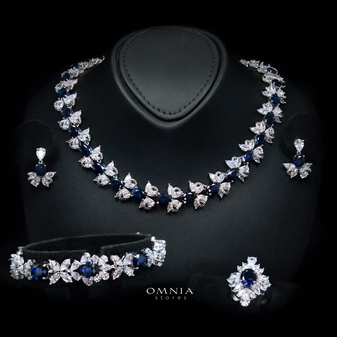 Omnia Muna Blue Bridal Full Set in High Quality Simulated Diamonds Premium Rhodium Plated