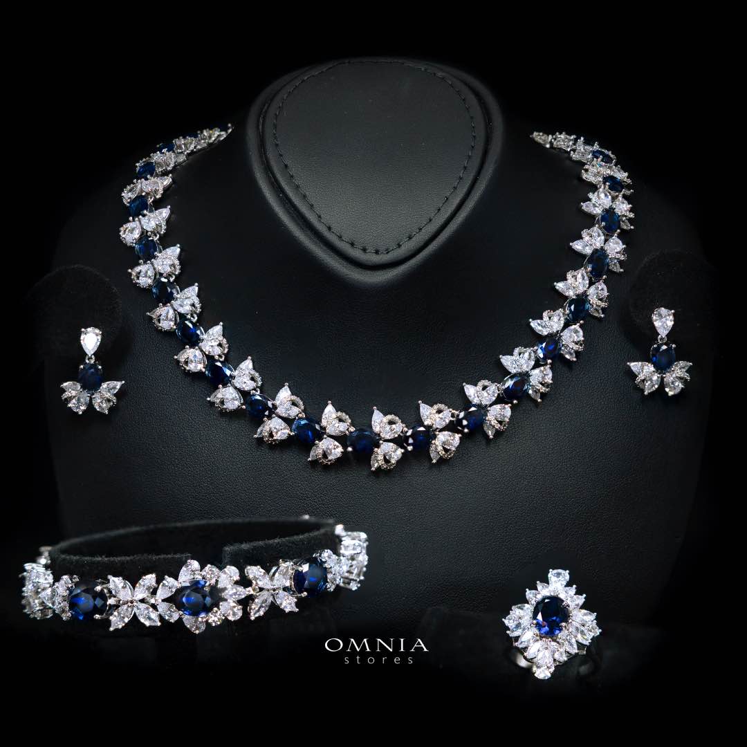 Omnia Muna Blue Bridal Full Set in High Quality Simulated Diamonds Premium Rhodium Plated - OMNIASTORES UAE