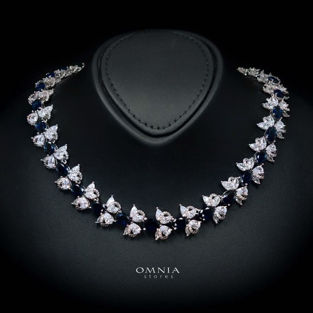Omnia Muna Blue Bridal Full Set in High Quality Simulated Diamonds Premium Rhodium Plated