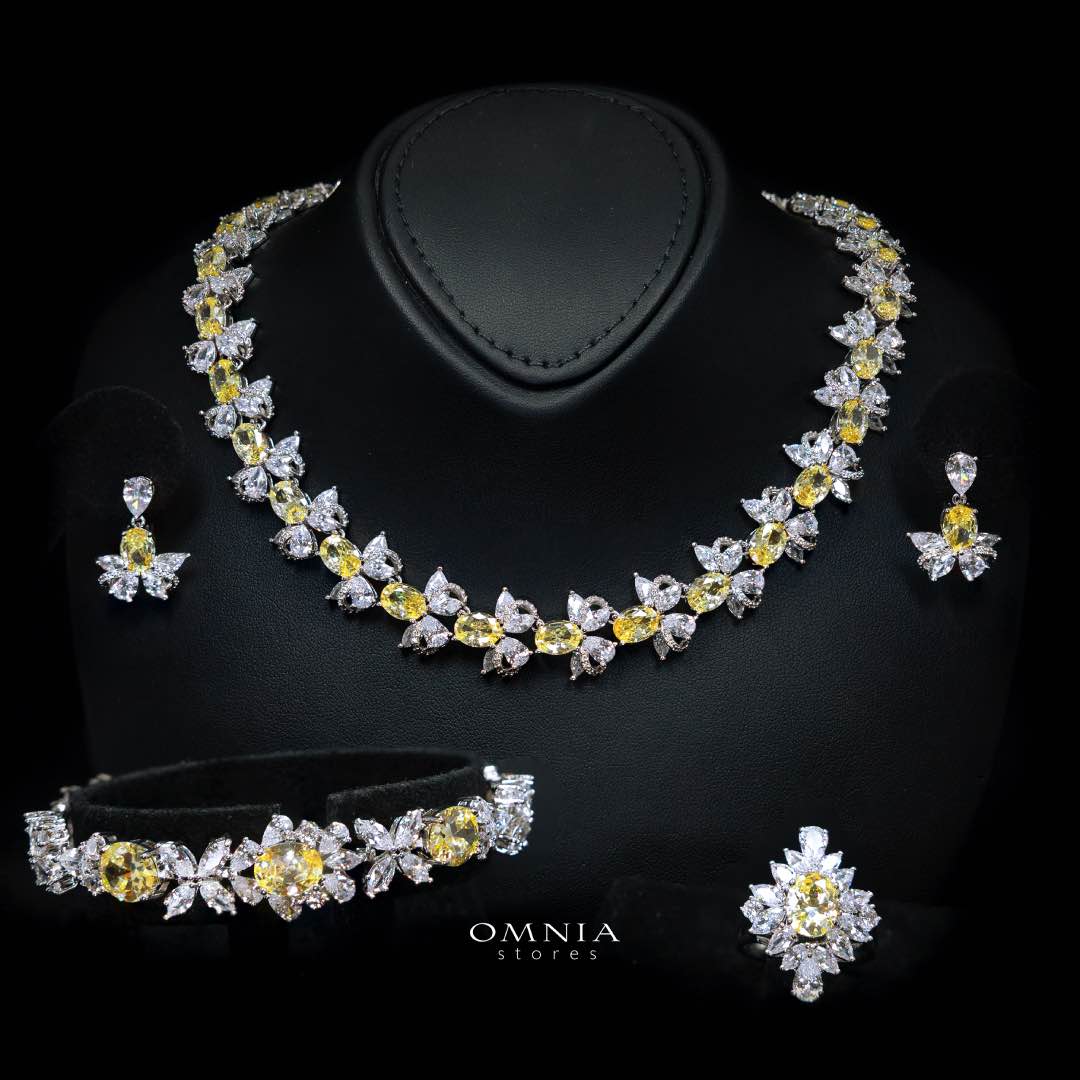 Omnia Muna Yellow Bridal Full Set in High Quality Simulated Diamonds Premium Rhodium Plated - OMNIASTORES UAE
