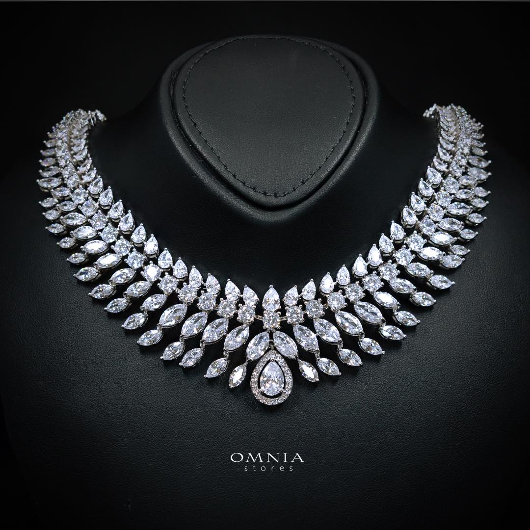 Omnia Zakiyah Luxury Bridal Full Set in High Quality Simulated Diamonds with Pear and Marquise Cut Stones, Rhodium Plated