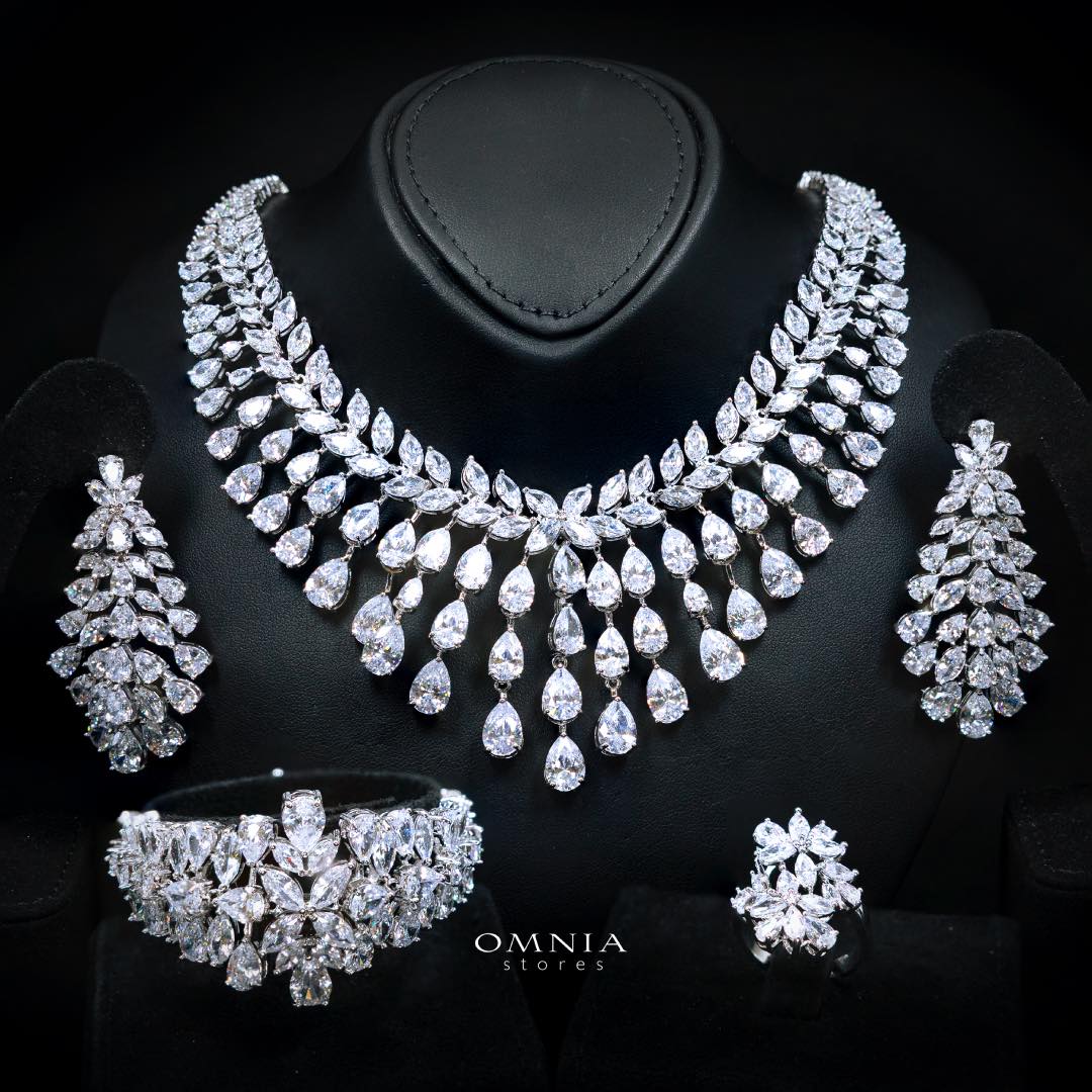 Omnia Sufia Luxury Bridal Full Set High Quality Simulated Diamonds Premium Rhodium Plated (Pear & Marquise Cut)