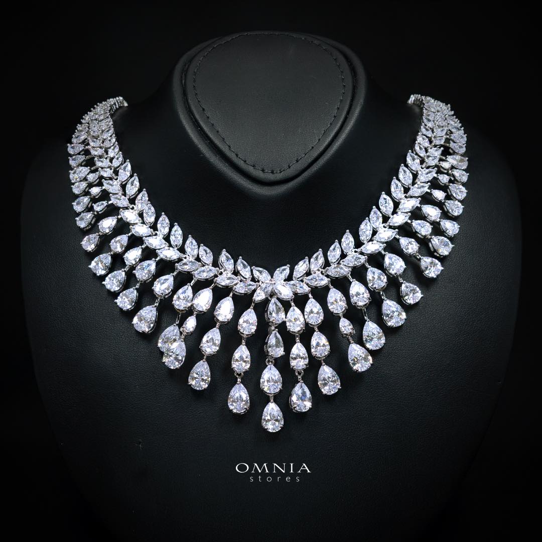 Omnia Sufia Luxury Bridal Full Set High Quality Simulated Diamonds Premium Rhodium Plated (Pear & Marquise Cut)
