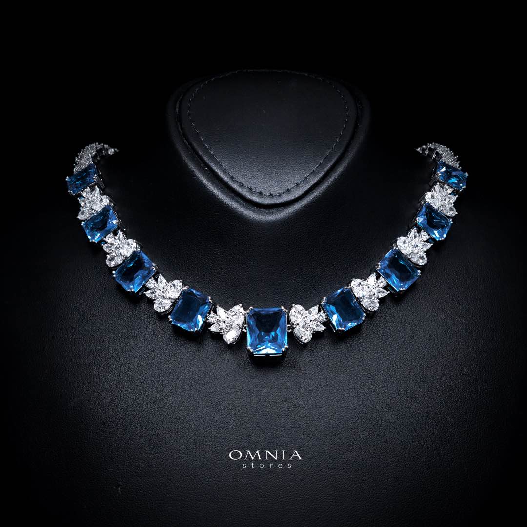 Omnia Amelia Sky Blue Bridal Full Set with Emerald and Pear-Cut High-Quality Simulated Diamonds Premium Rhodium Plated - OMNIASTORES UAE
