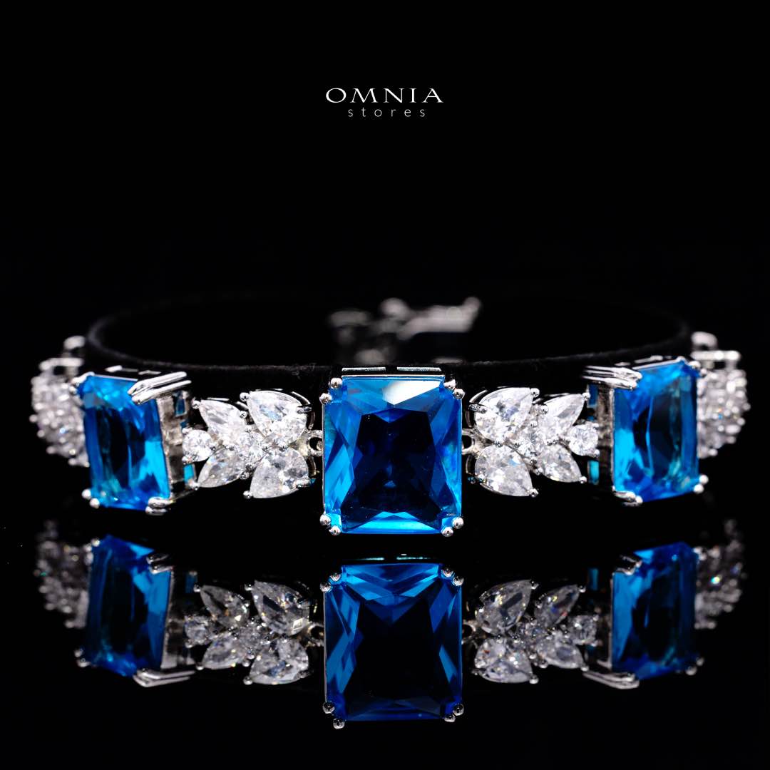 Omnia Amelia Sky Blue Bridal Full Set with Emerald and Pear-Cut High-Quality Simulated Diamonds Premium Rhodium Plated - OMNIASTORES UAE