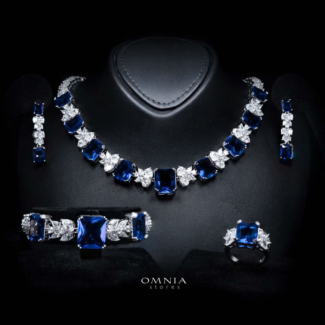 Omnia Amelia Blue Bridal Full Set in High Quality Simulated Diamonds Premium Rhodium Plated