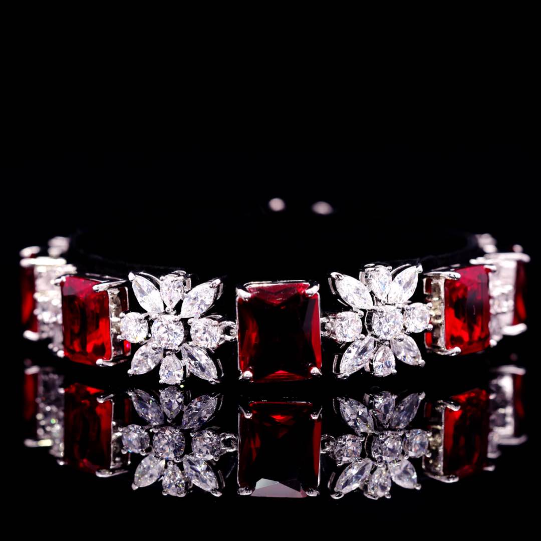 Omnia Charlotte Red Luxry Bridal Full Set with Emerald and Pear-Cut High Quality Simulated Diamonds Premium Rhodium Plated
