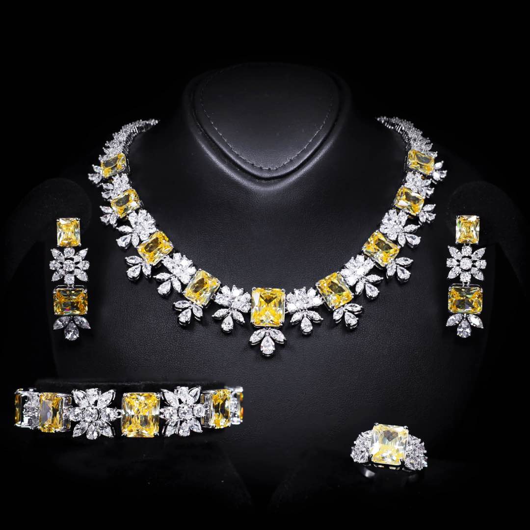 Omnia Charlotte Yellow Luxry Bridal Full Set with Emerald and Pear-Cut High Quality Simulated Diamonds Premium Rhodium Plated