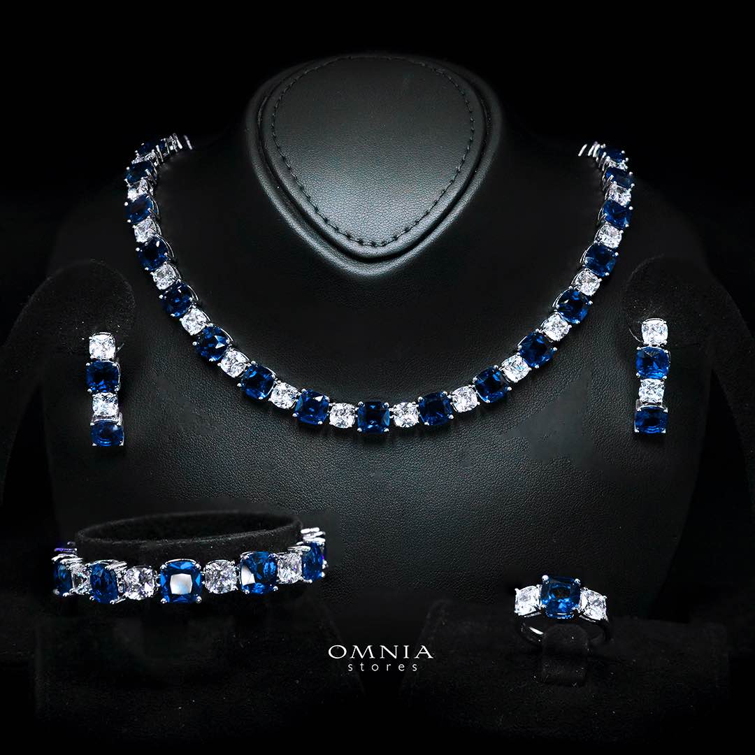 Omnia Alya Dark Blue Bridal Full Set with High-Quality Simulated Diamonds Rhodium Plated