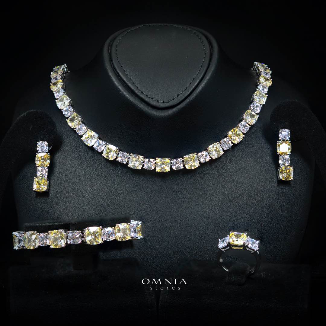 Omnia Alya Yellow and White Bridal Full Set in High Quality Simulated Diamonds Rhodium Plated