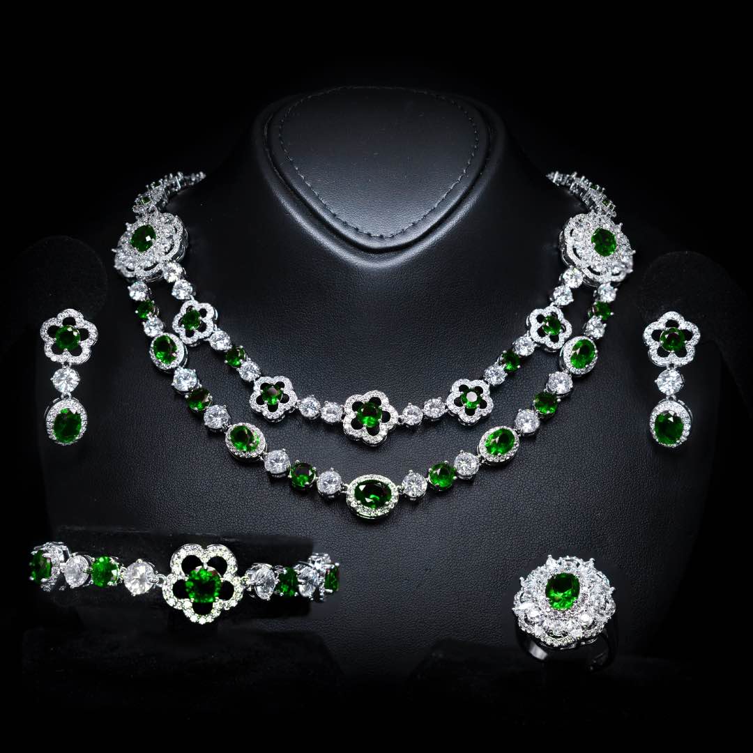 Omnia Esra Green Luxury Bridal Full Set in High QualitySimulated Diamond Rhodium Plated