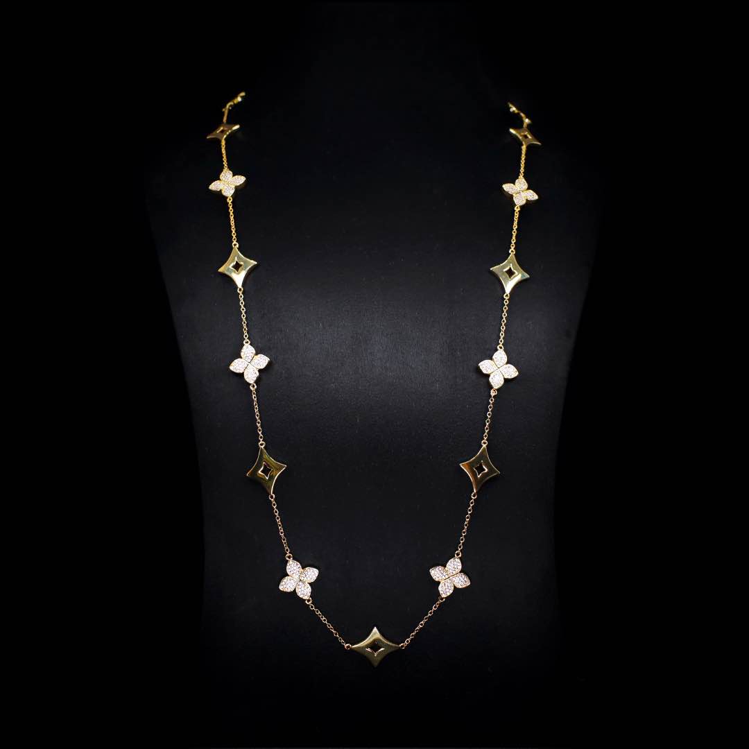 Omnia Golden Clove Long Chain in 100cm with High-Quality Simulated Diamonds Gold Plated - OMNIASTORES UAE