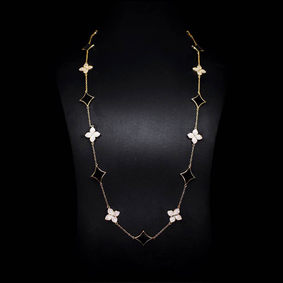 Omnia Golden Clove Black Long Chain Full Set with High-Quality Simulated Diamonds 18k Gold Plated 100cm