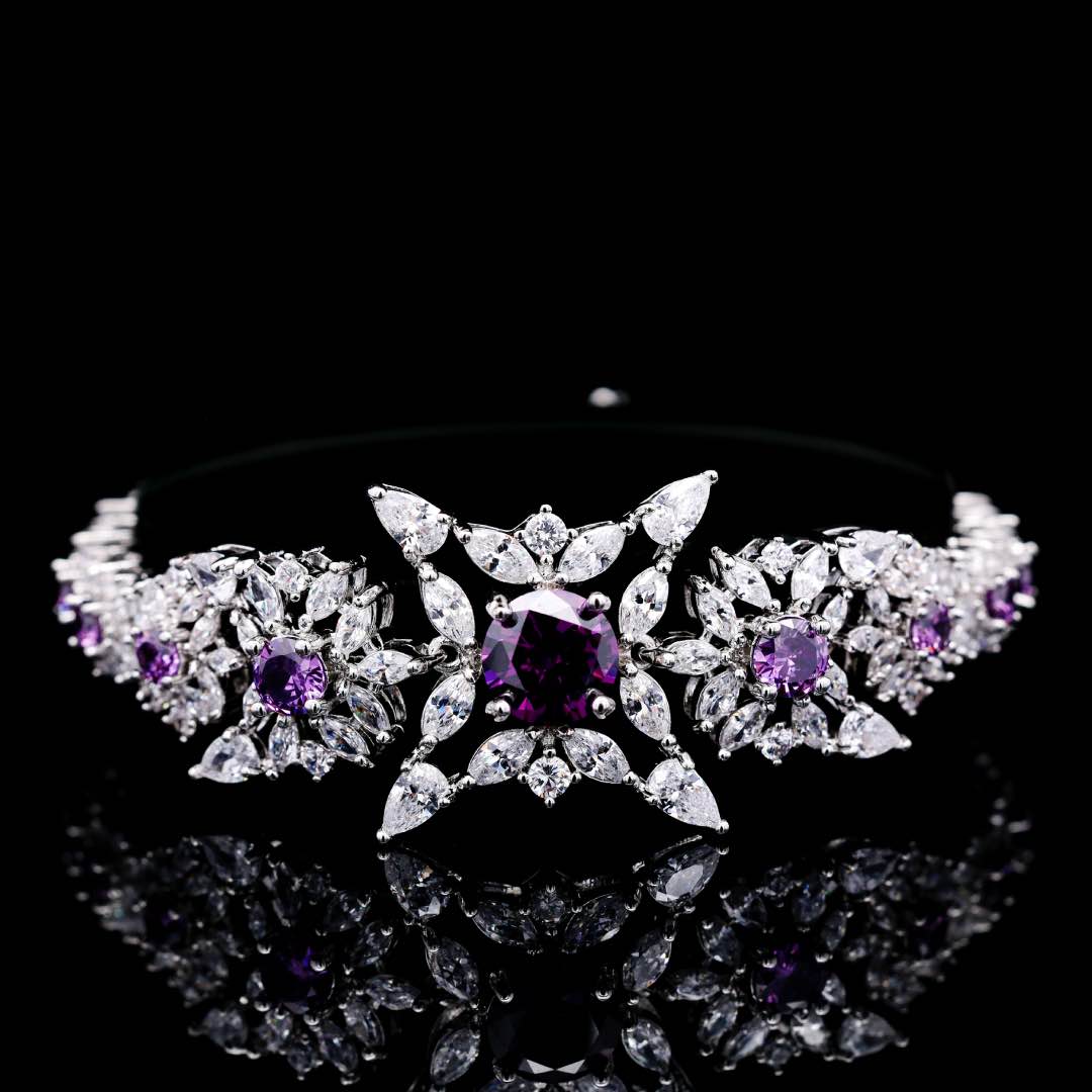 Omnia Nareen Purple Luxury Bridal Full Set in High Quality Simulated Diamonds Premium Rhodium Plated