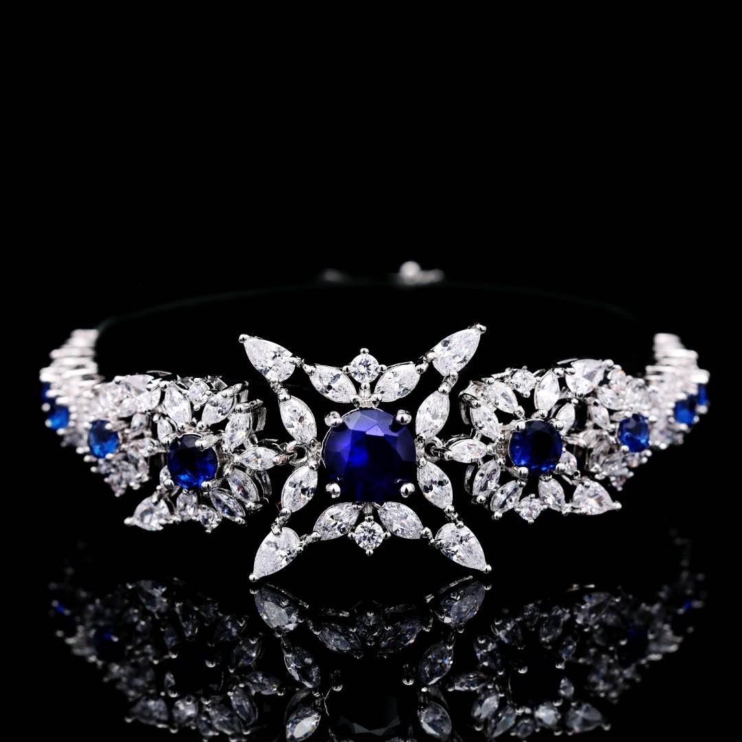 Omnia Nareen Blue Luxury Bridal Full Set in High Quality Simulated Diamonds Premium Rhodium Plated