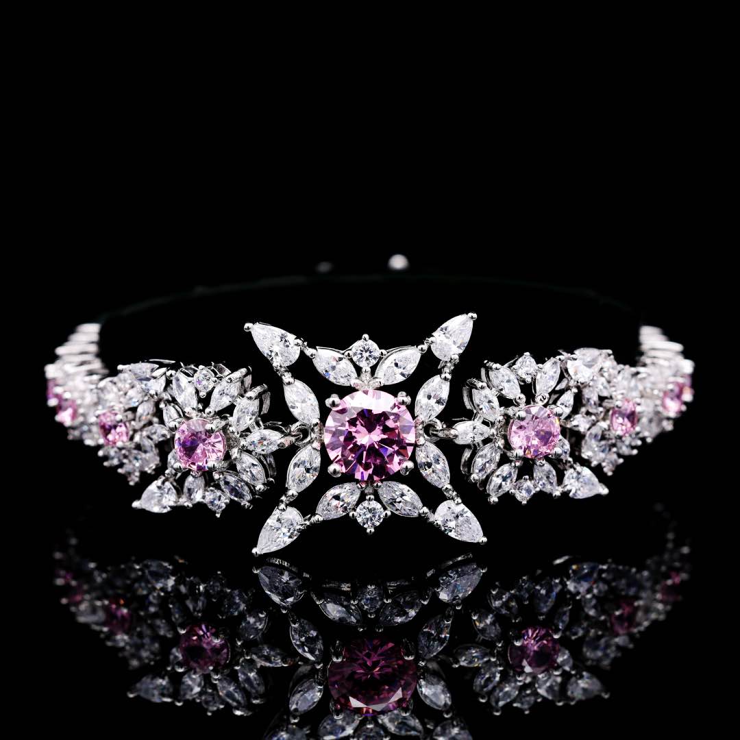 Omnia Nareen Pink Bridal Full Set in High Quality Simulated Diamonds Premium Rhodium Plated