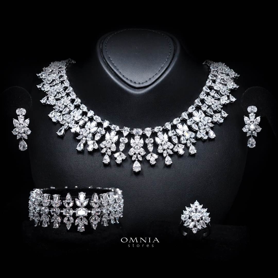 Omnia Dema White Luxury Bridal Full Set in High Quality Simulated Diamonds Premium Rhodium Plated