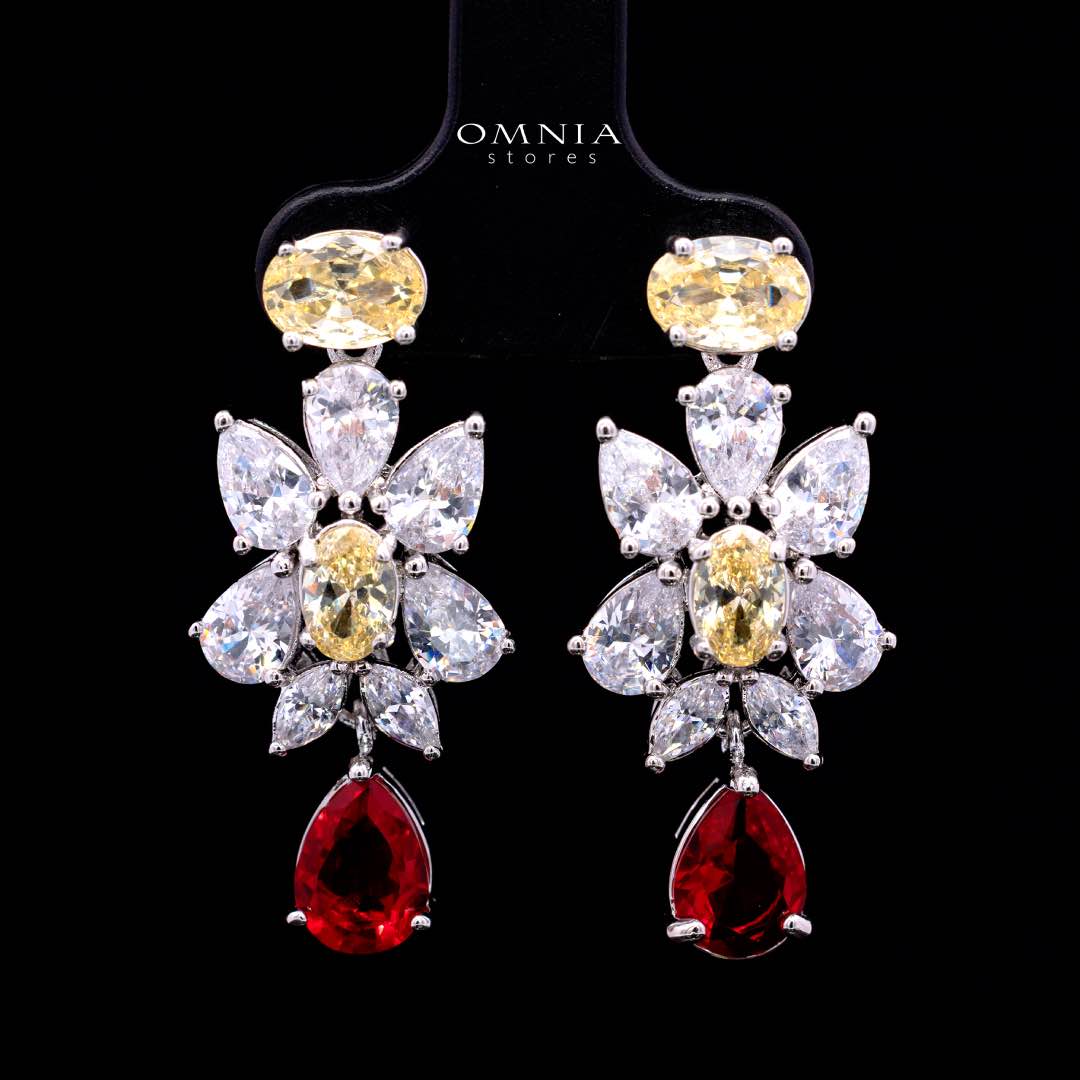 Omnia Dema Red and Yellow Bridal Full Set in High Quality Simulated Diamonds Premium Rhodium Plated
