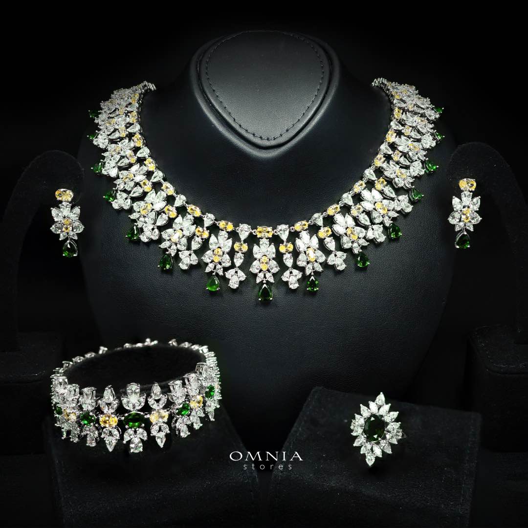 Omnia Dema Emerald Green and Yellow Bridal Full Set in High Quality Simulated Diamonds Premium Rhodium Plated - OMNIASTORES UAE