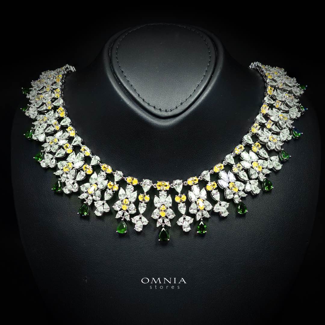 Omnia Dema Emerald Green and Yellow Bridal Full Set in High Quality Simulated Diamonds Premium Rhodium Plated - OMNIASTORES UAE