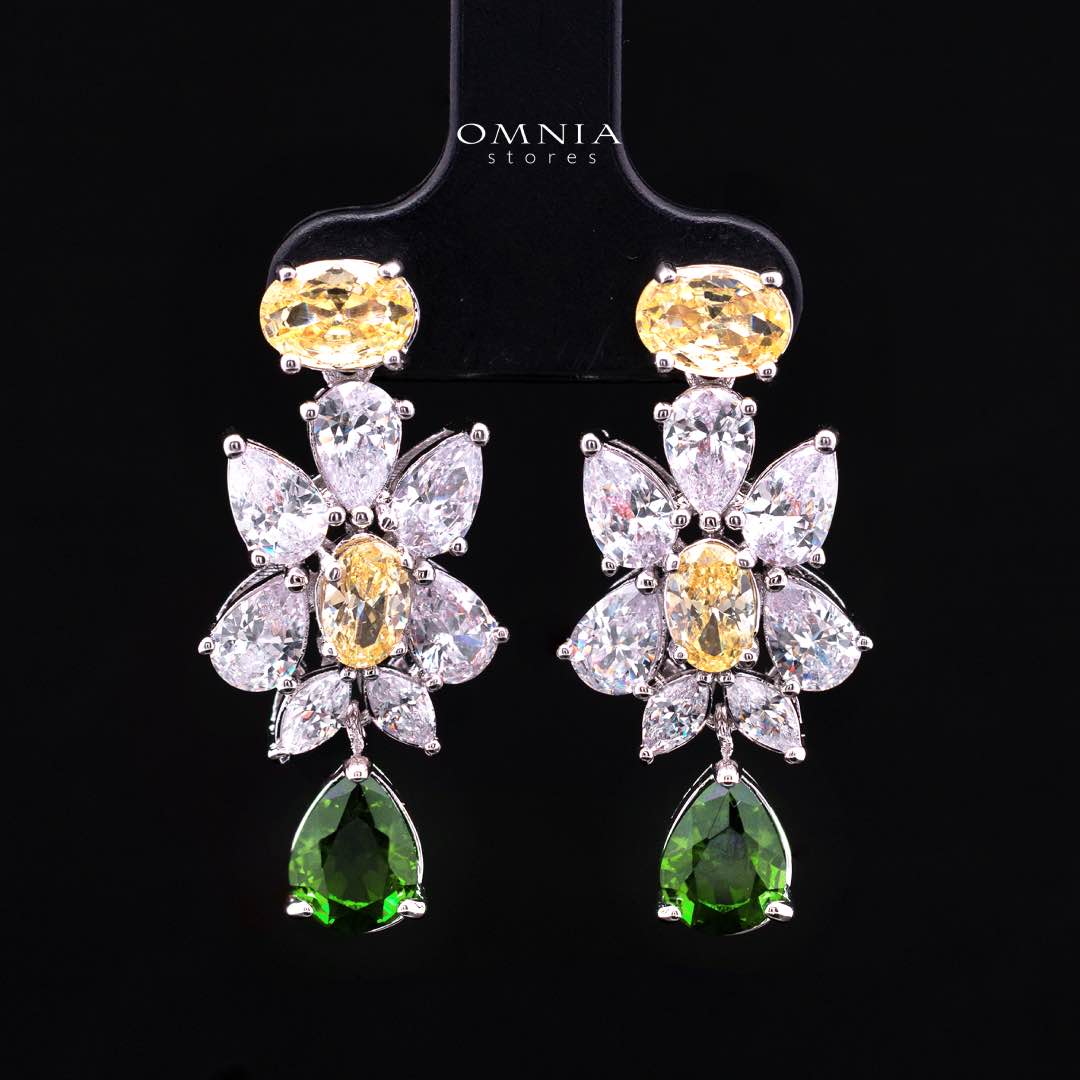 Omnia Dema Emerald Green and Yellow Bridal Full Set in High Quality Simulated Diamonds Premium Rhodium Plated