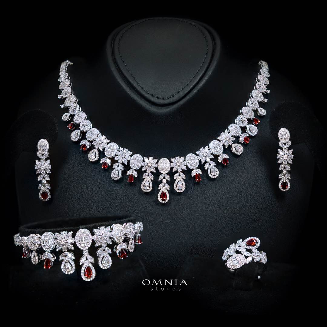 Omnia Trisha Red Full set Accessories in High Quality Zircon Stone in Rhodium Plated