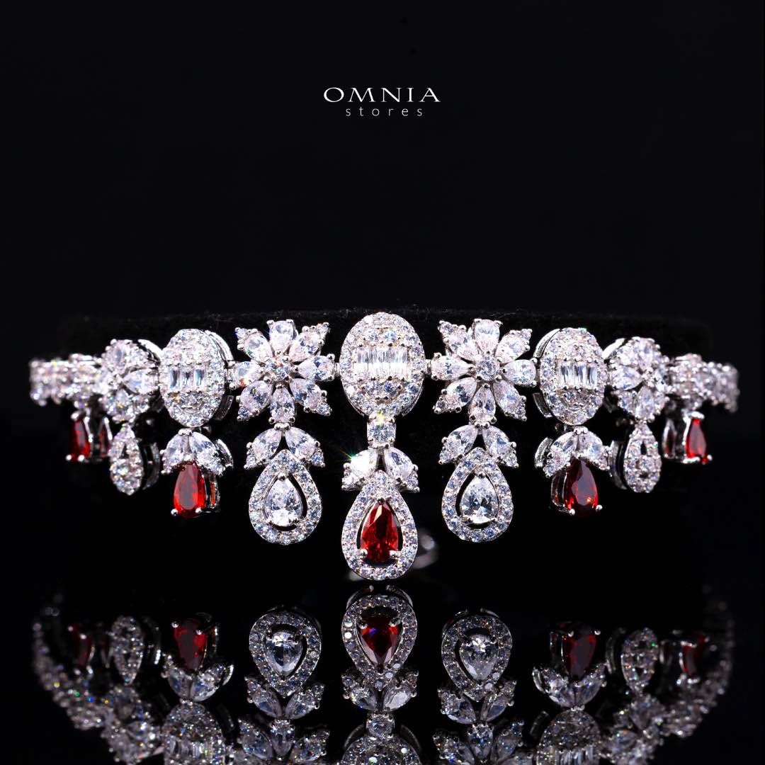 Omnia Trisha Red Full set Accessories in High Quality Zircon Stone Premium Rhodium Plated - OMNIASTORES UAE