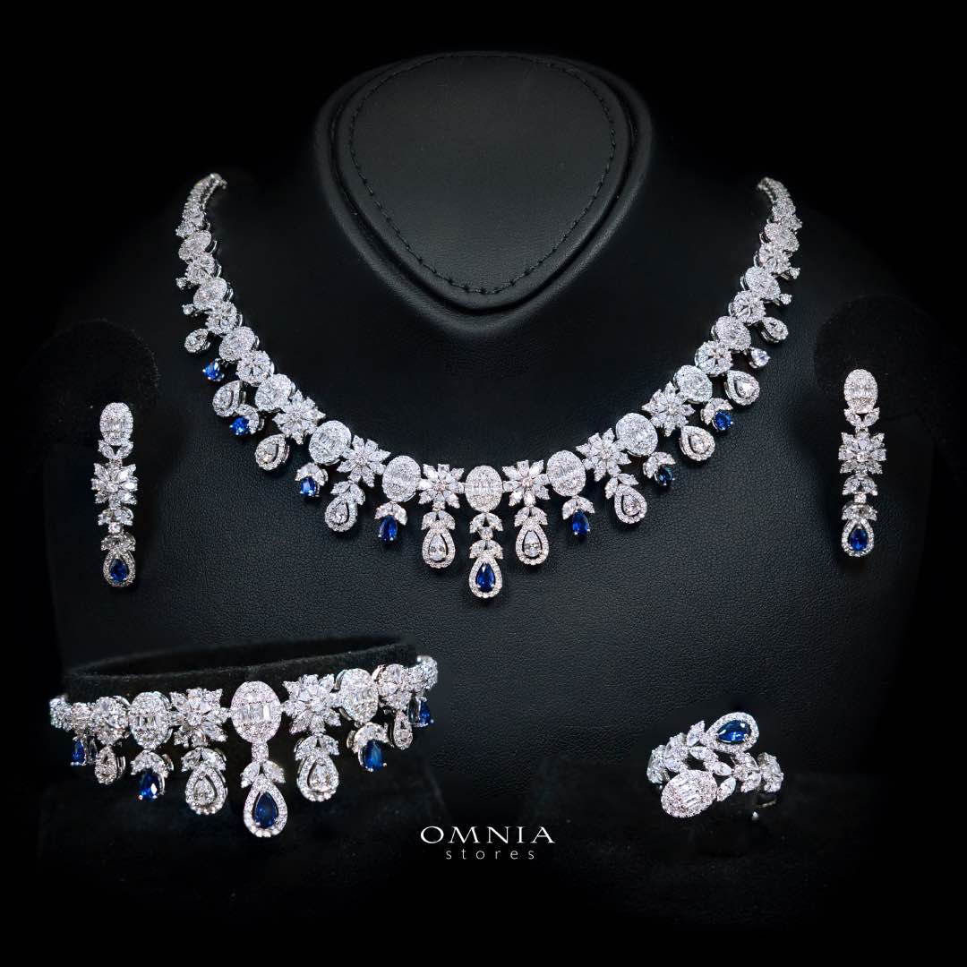 Omnia Trisha Blue Bridal Full Set Accessories in High Quality Zircon Stone Premium Rhodium Plated - OMNIASTORES UAE