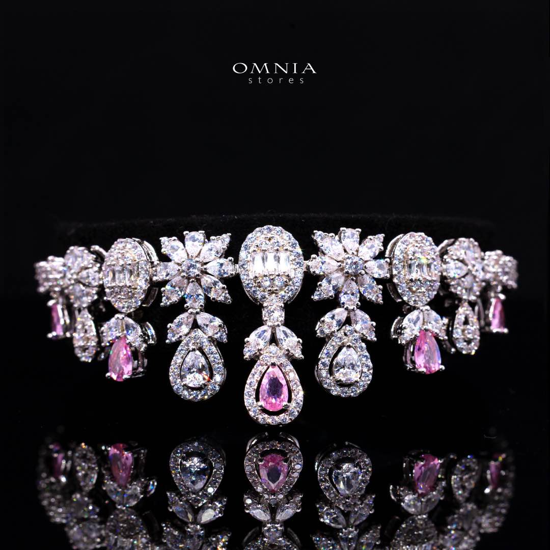 Omnia Trisha Pink Full set Accessories in High Quality Zircon Stone Premium Rhodium Plated - OMNIASTORES UAE