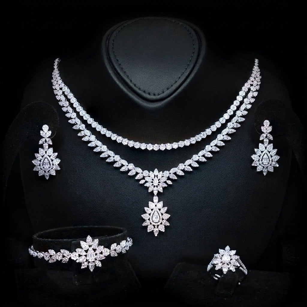 Omnia Aqsa White Luxury Bridal Full Set in High Quality Zircon Stone Premium Rhodium Plated - OMNIASTORES UAE