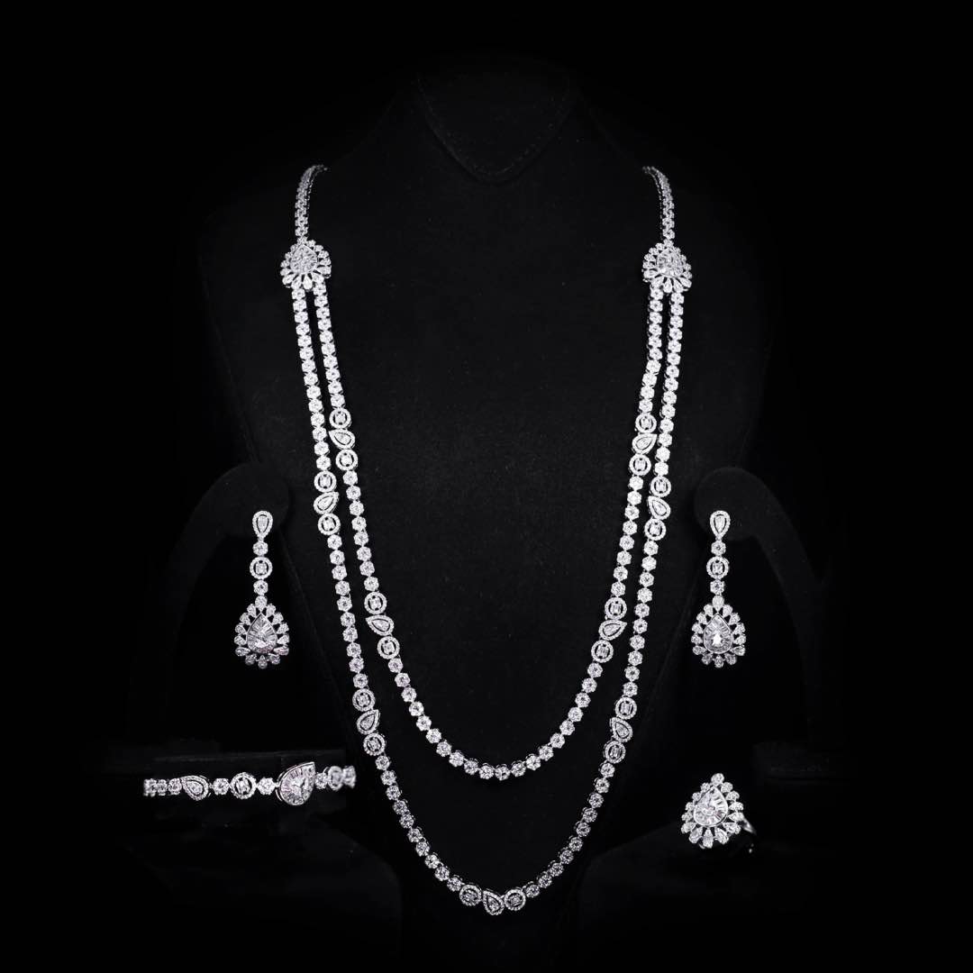 Omnia Ahad Bridal White Long Chain Set In Rhodium Plated With High Quality Zircon Stones