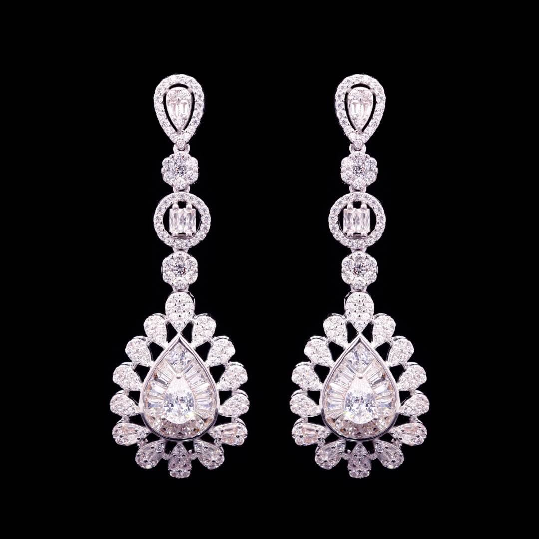Omnia Ahad Bridal White Long Chain Set In Rhodium Plated With High Quality Zircon Stones