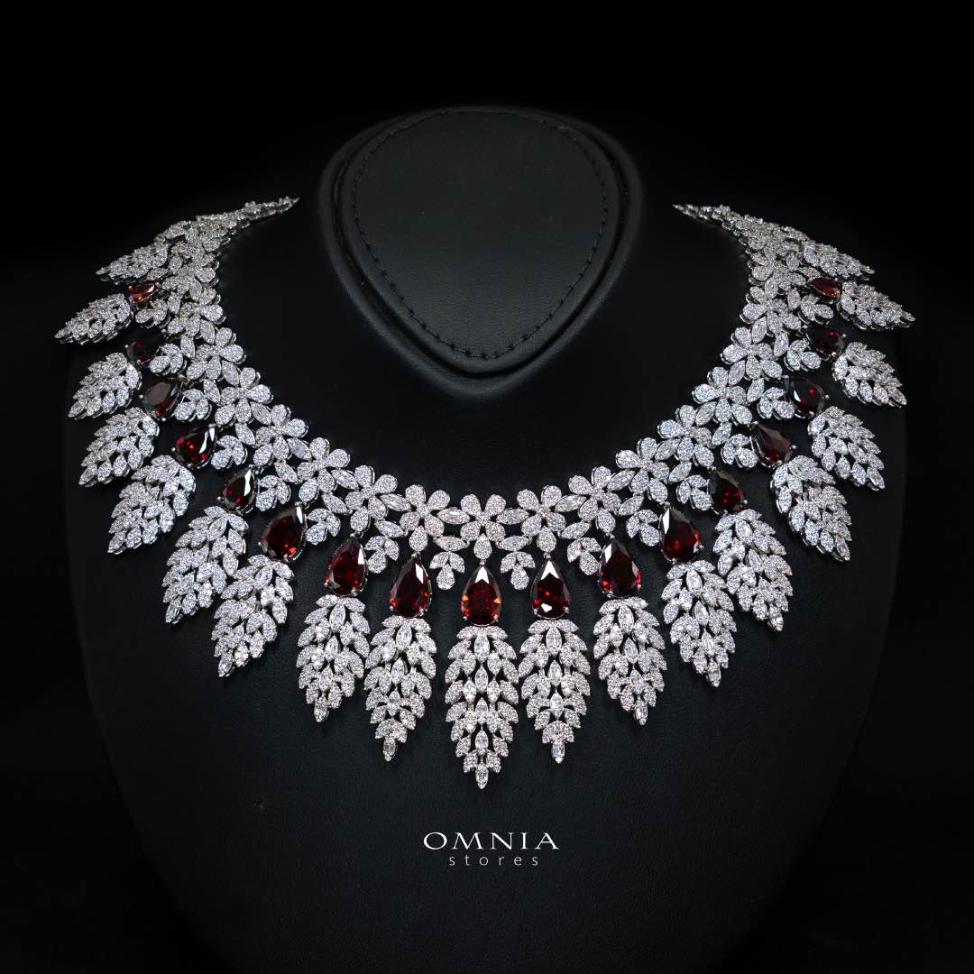 Omnia Asrar Red Bridal Full Set in High Quality Zircon Stone Premium Rhodium Plated - OMNIASTORES UAE