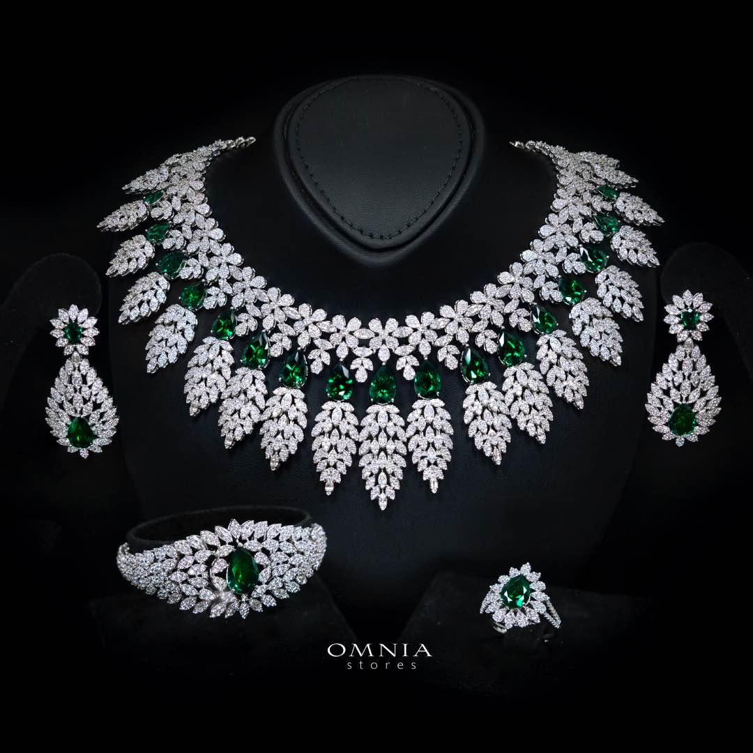 Omnia Asrar Green Bridal Full Set in High Quality Zircon Stone Premium Rhodium Plated