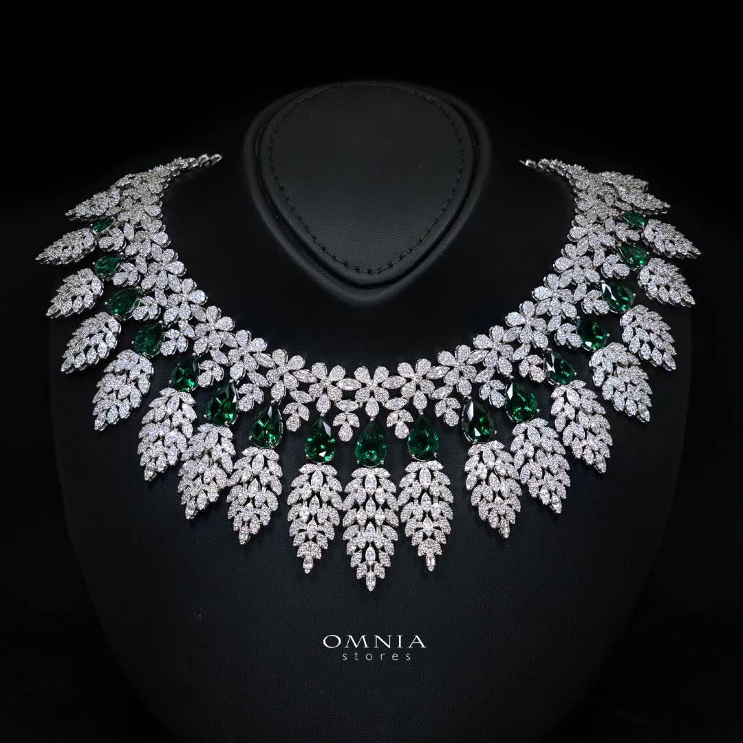 Omnia Asrar Green Bridal Full Set in High Quality Zircon Stone Premium Rhodium Plated