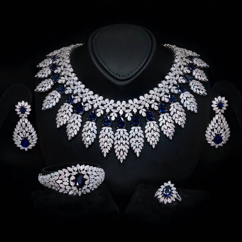 Omnia Asrar Blue Bridal Full Set in High Quality Zircon Stone Premium Rhodium Plated - OMNIASTORES UAE