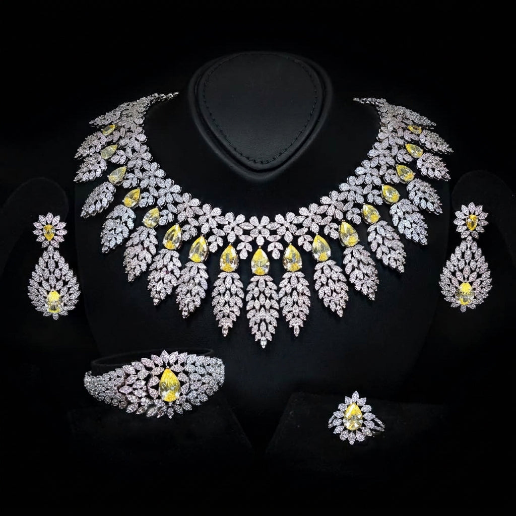 Omnia Asrar Yellow Bridal Full Set in High Quality Zircon Stone Premium Rhodium Plated - OMNIASTORES UAE