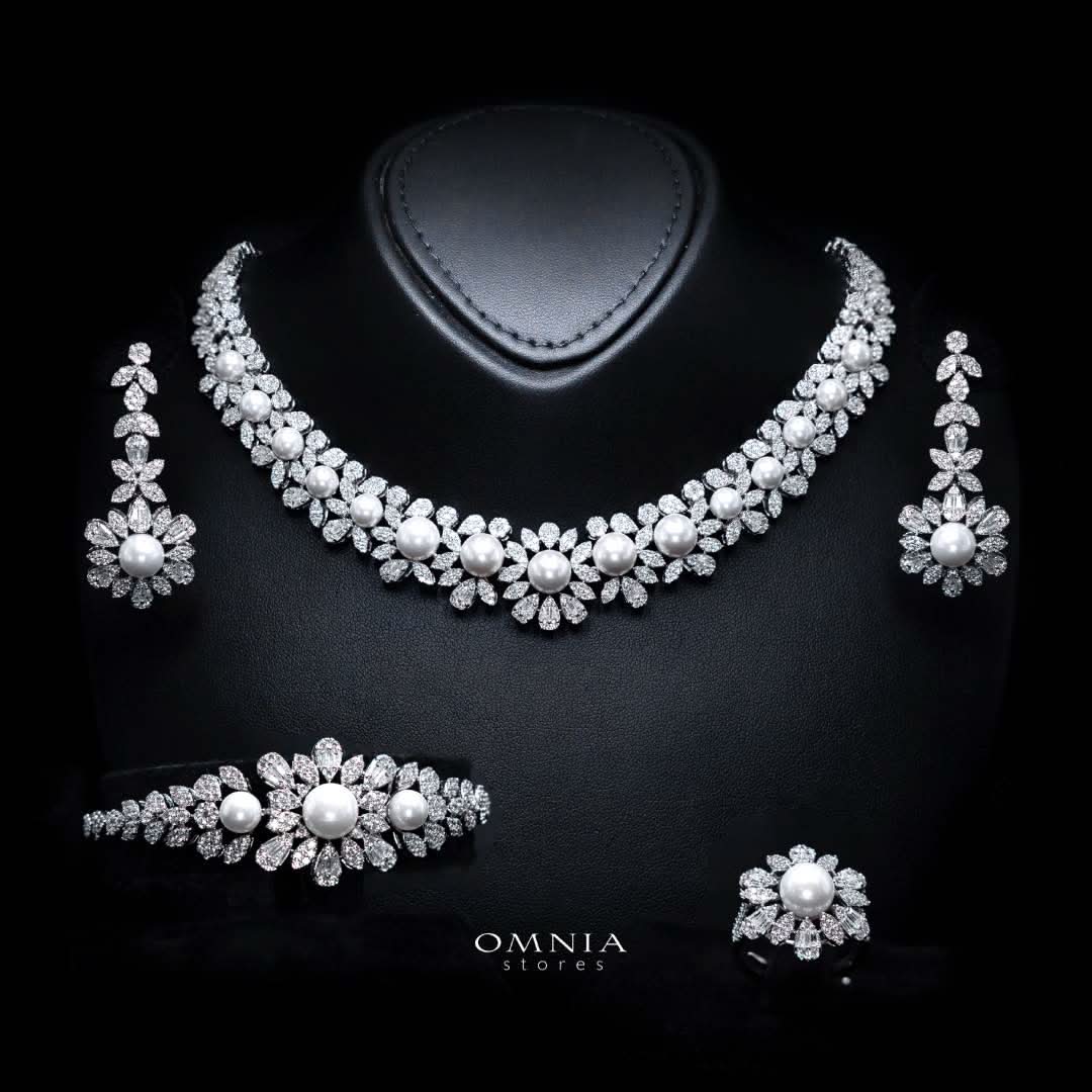 Omnia Rukaya Floral Pearl Luxury Bridal Full Set High Quality Zircon Stone Premium Rhodium Plated