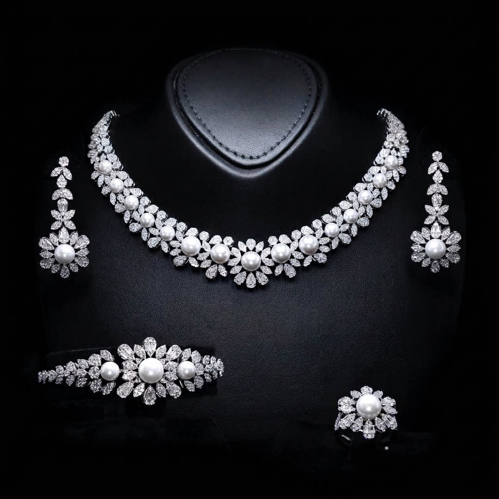 Omnia Rukaya Floral Pearl Luxury Bridal Full Set High Quality Zircon Stone Premium Rhodium Plated - OMNIASTORES UAE