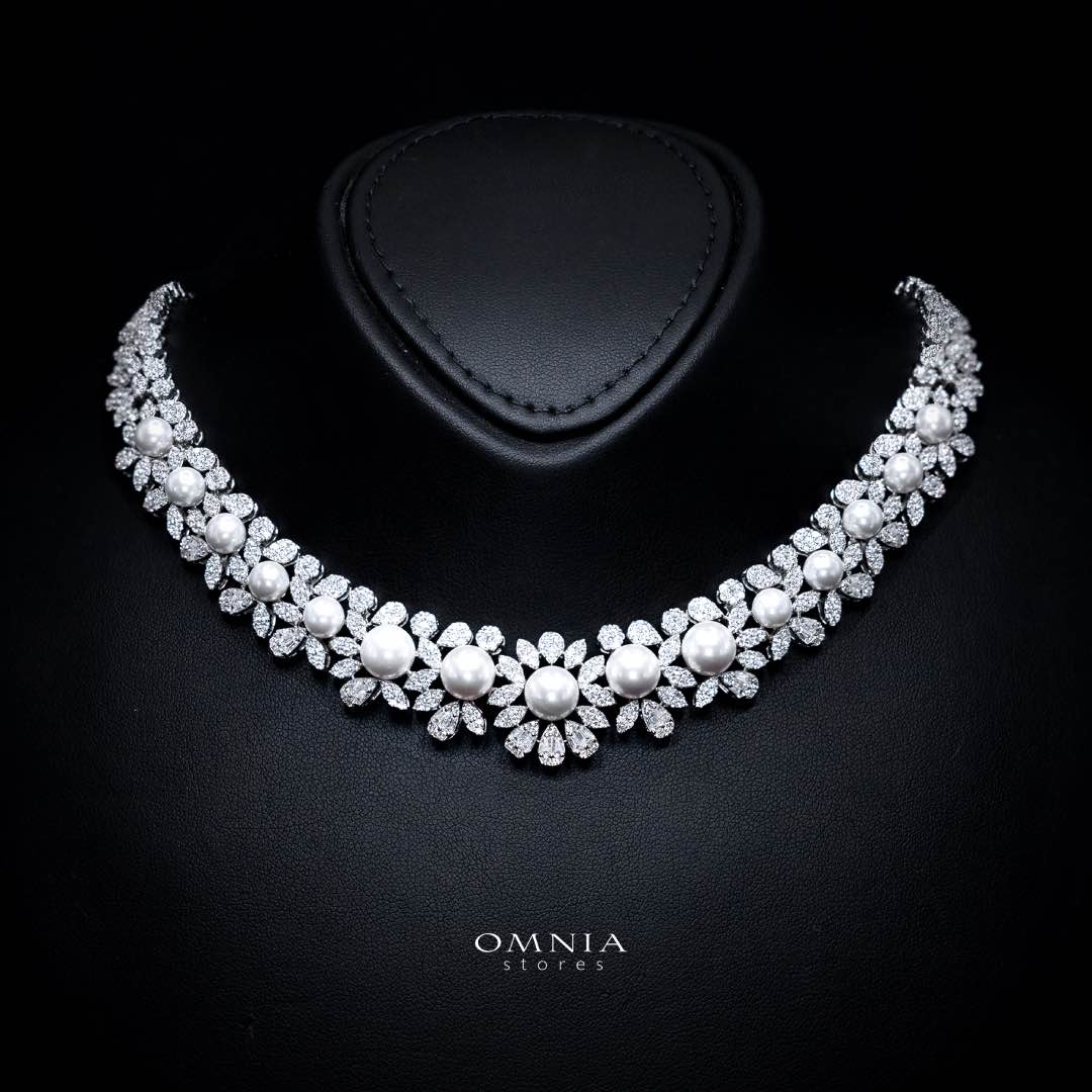 Omnia Rukaya Floral Pearl Luxury Bridal Full Set High Quality Zircon Stone Premium Rhodium Plated - OMNIASTORES UAE