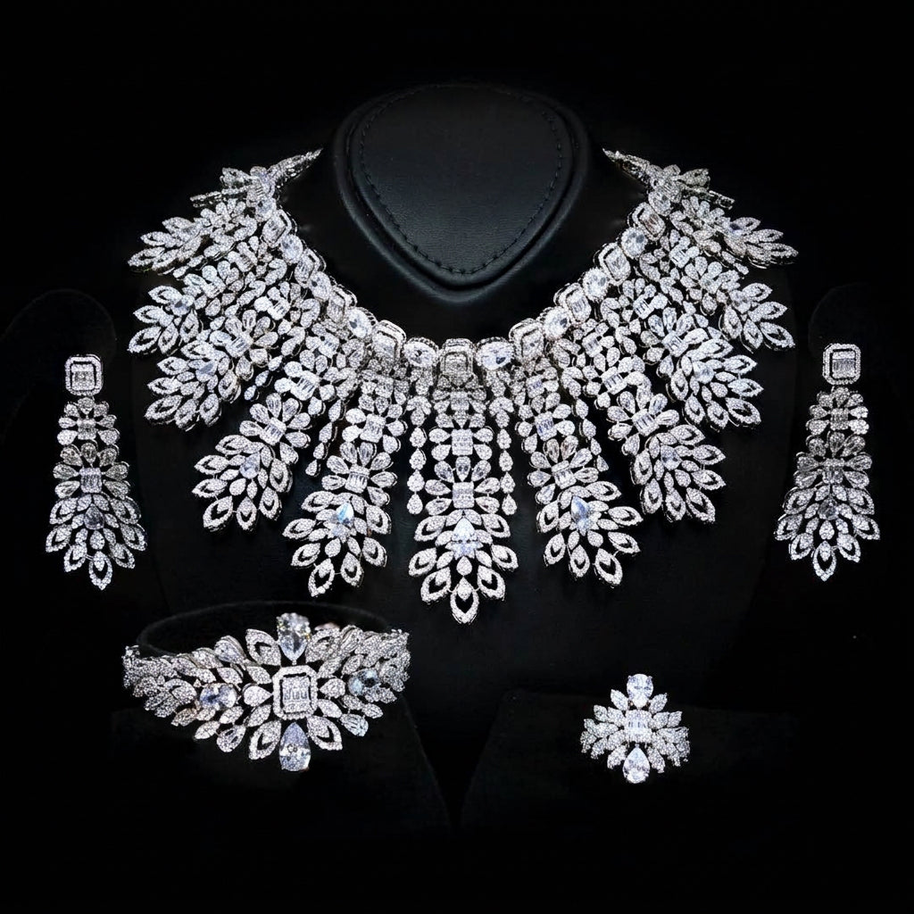 Omnia Athar White Luxury Bridal Full Set in High Quality Zircon Stone Premium Rhodium Plated - OMNIASTORES UAE