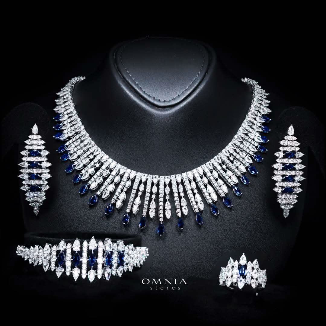 Omnia Lana Blue Bridal Full Set in High Quality Zircon Stone Premium Rhodium Plated