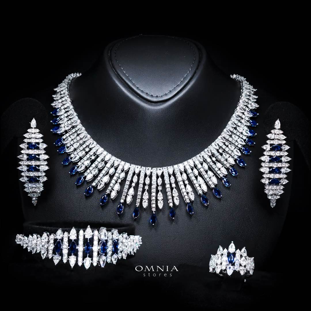Omnia Lana Blue Bridal Full Set in High Quality Zircon Stone Rhodium Plated