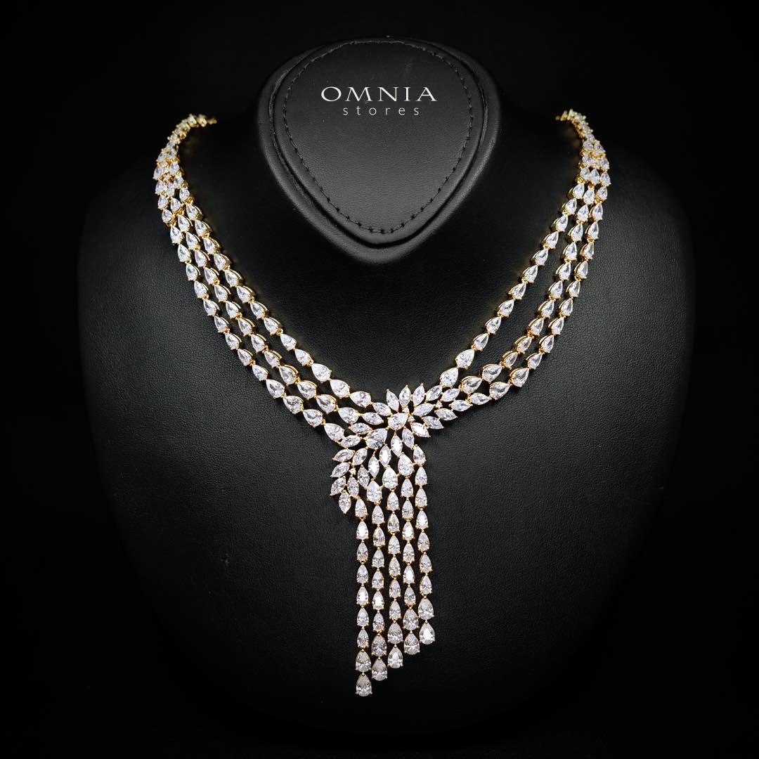 Omnia Rahaf Golden Bridal Full Set in High Quality Zircon Stone Premium Rhodium Plated - OMNIASTORES UAE
