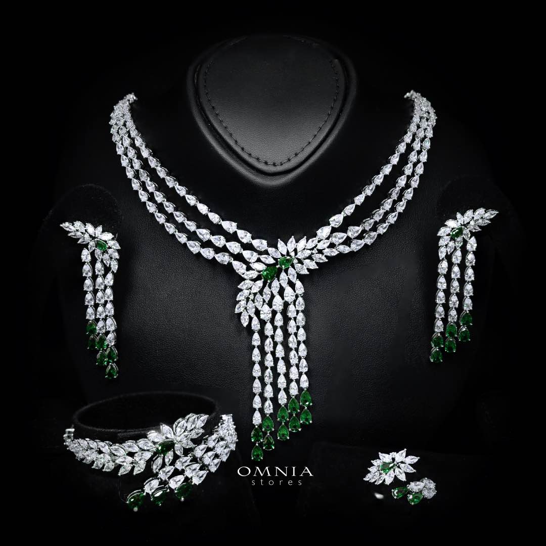 Omnia Rahaf Green Bridal Full Set in High Quality Zircon Stone Premium Rhodium Plated - OMNIASTORES UAE