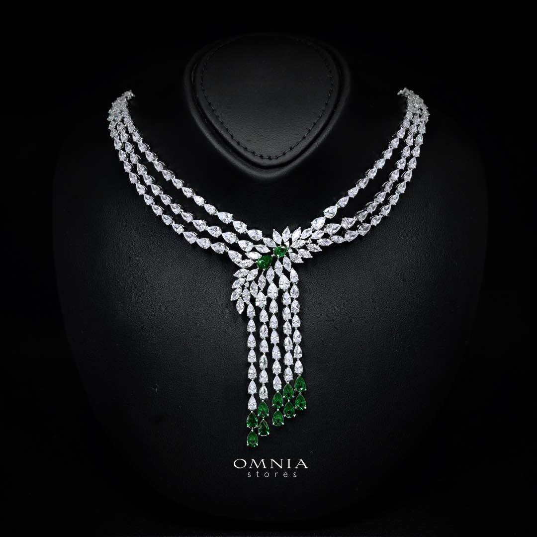Omnia Rahaf Green Bridal Full Set in High Quality Zircon Stone Premium Rhodium Plated