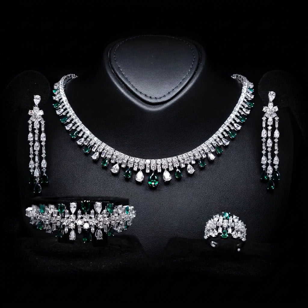 Omnia Nisrine Green Luxury Bridal Full Set in High Quality Zircon Stone Premium Rhodium Plated - OMNIASTORES UAE