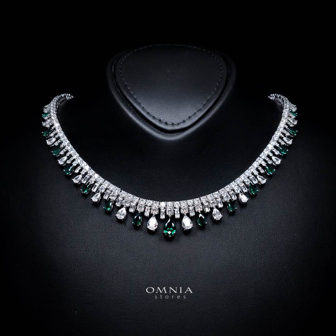 Omnia Nisrine Green Luxury Bridal Full Set in High Quality Zircon Stone Rhodium Plated